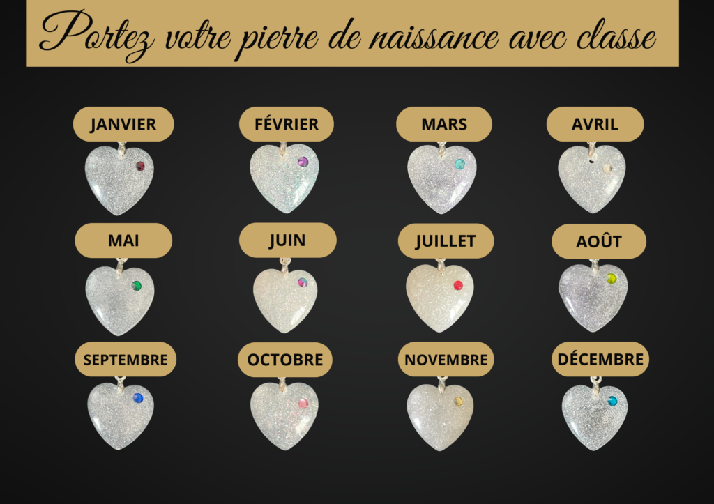 Pendentif en forme de coeur avec pierre de naissance